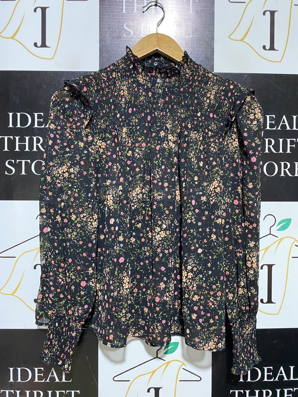 NEW LOOK |M| BUST 20| A1| BLACK DITSY FLORAL SMOCKED HIGH-NECK BLOUSE RUFFLE LONG-SLEEVE TOP