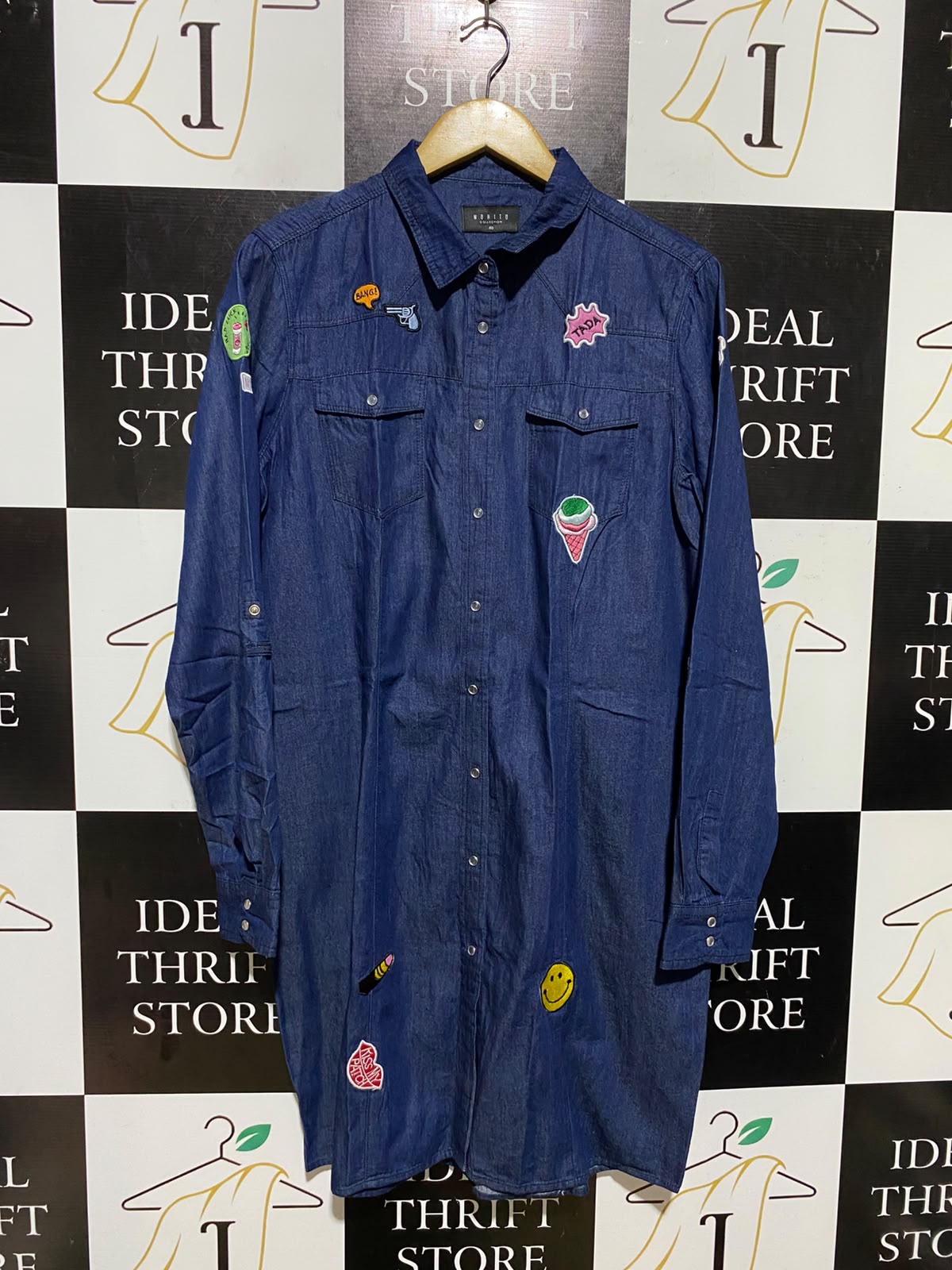 MOHITO |L| BUST 20| A1| DARK WASH DENIM SHIRT DRESS WITH NOVELTY EMBROIDERED PATCHES
