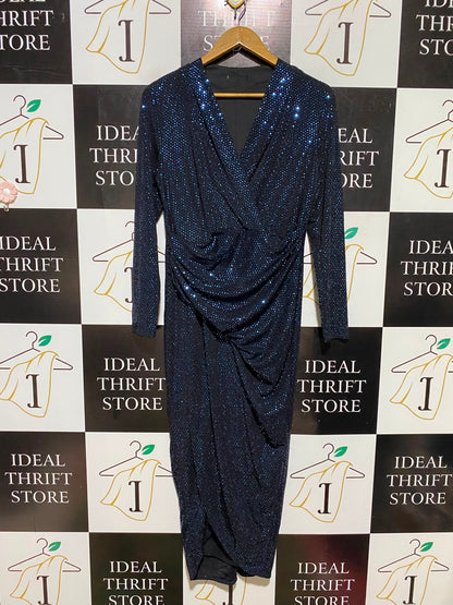 |M| BUST 17| A1| NAVY BLUE SEQUIN WRAP MIDI DRESS GLITTER LONG SLEEVE RUCHE PARTY DRESS