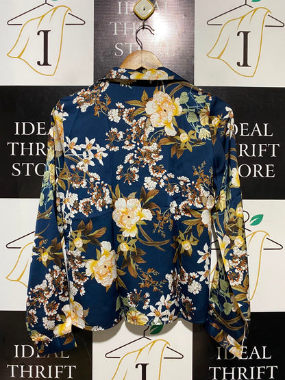 BOOHOO |M| BUST 18| A1| NAVY BLUE SATIN FLORAL WRAP BLOUSE LONG SLEEVE COLLARED TOP