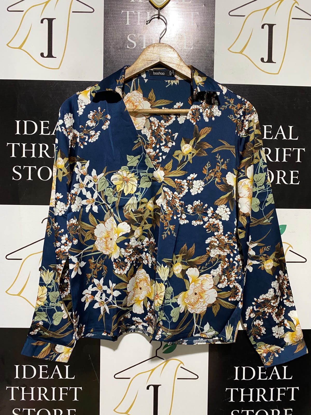 BOOHOO |M| BUST 18| A1| NAVY BLUE SATIN FLORAL WRAP BLOUSE LONG SLEEVE COLLARED TOP