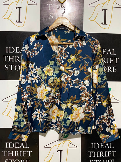 BOOHOO |M| BUST 18| A1| NAVY BLUE SATIN FLORAL WRAP BLOUSE LONG SLEEVE COLLARED TOP