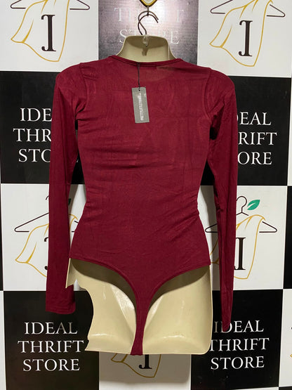 PRETTYLITTLE THING |S| BUST 15| A1| BURG_UNDY RED LONG SLEEVE CREW NECK BODYSUIT STRETCH THONG BOTTOM BASICS