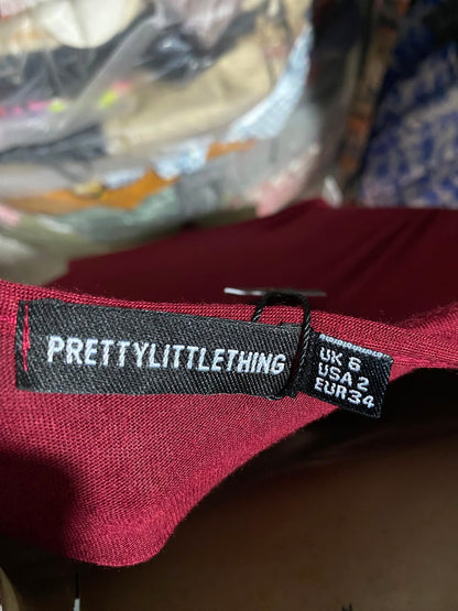 PRETTYLITTLE THING |S| BUST 15| A1| BURG_UNDY RED LONG SLEEVE CREW NECK BODYSUIT STRETCH THONG BOTTOM BASICS