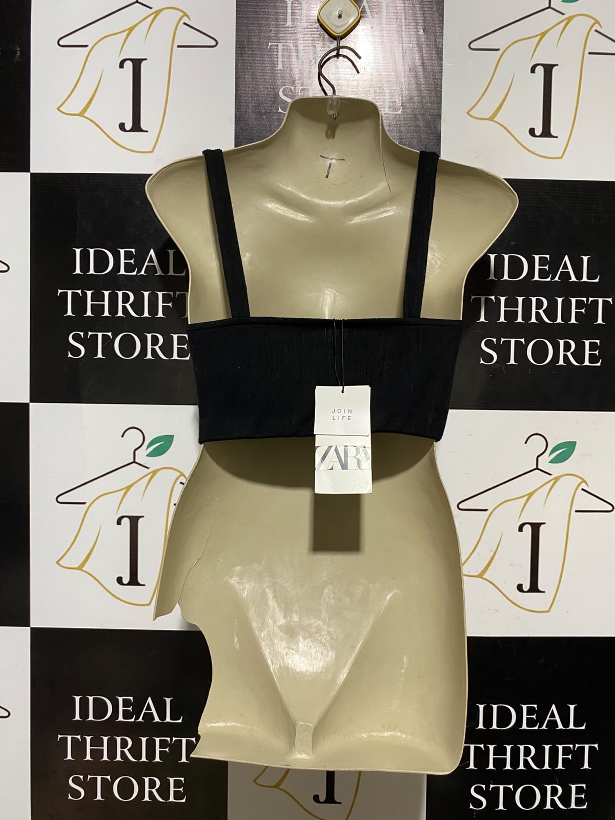 ZARA |S| BUST 12| A1| BLACK RIBBED SQUARE-NECK CROP TOP THICK STRAP SLEEVELESS CAMI TANK
