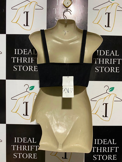 ZARA |S| BUST 12| A1| BLACK RIBBED SQUARE-NECK CROP TOP THICK STRAP SLEEVELESS CAMI TANK