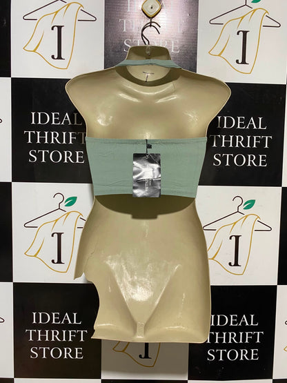 PRETTYLITTLE THING |S| BUST 12| A1| SAGE GREEN LACE-UP FRONT HALTER CROP TOP BOHO FESTIVAL CAMI TANK