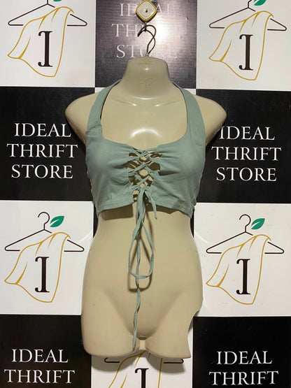 PRETTYLITTLE THING |S| BUST 12| A1| SAGE GREEN LACE-UP FRONT HALTER CROP TOP BOHO FESTIVAL CAMI TANK