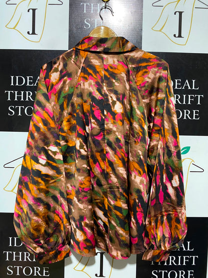 GEORGE |XL| BUST 28| A1| MULTICOLOR ABSTRACT SATIN BLOUSE COLLARED SPLIT V-NECK LONG SLEEVE TOP