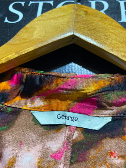 GEORGE |XL| BUST 28| A1| MULTICOLOR ABSTRACT SATIN BLOUSE COLLARED SPLIT V-NECK LONG SLEEVE TOP
