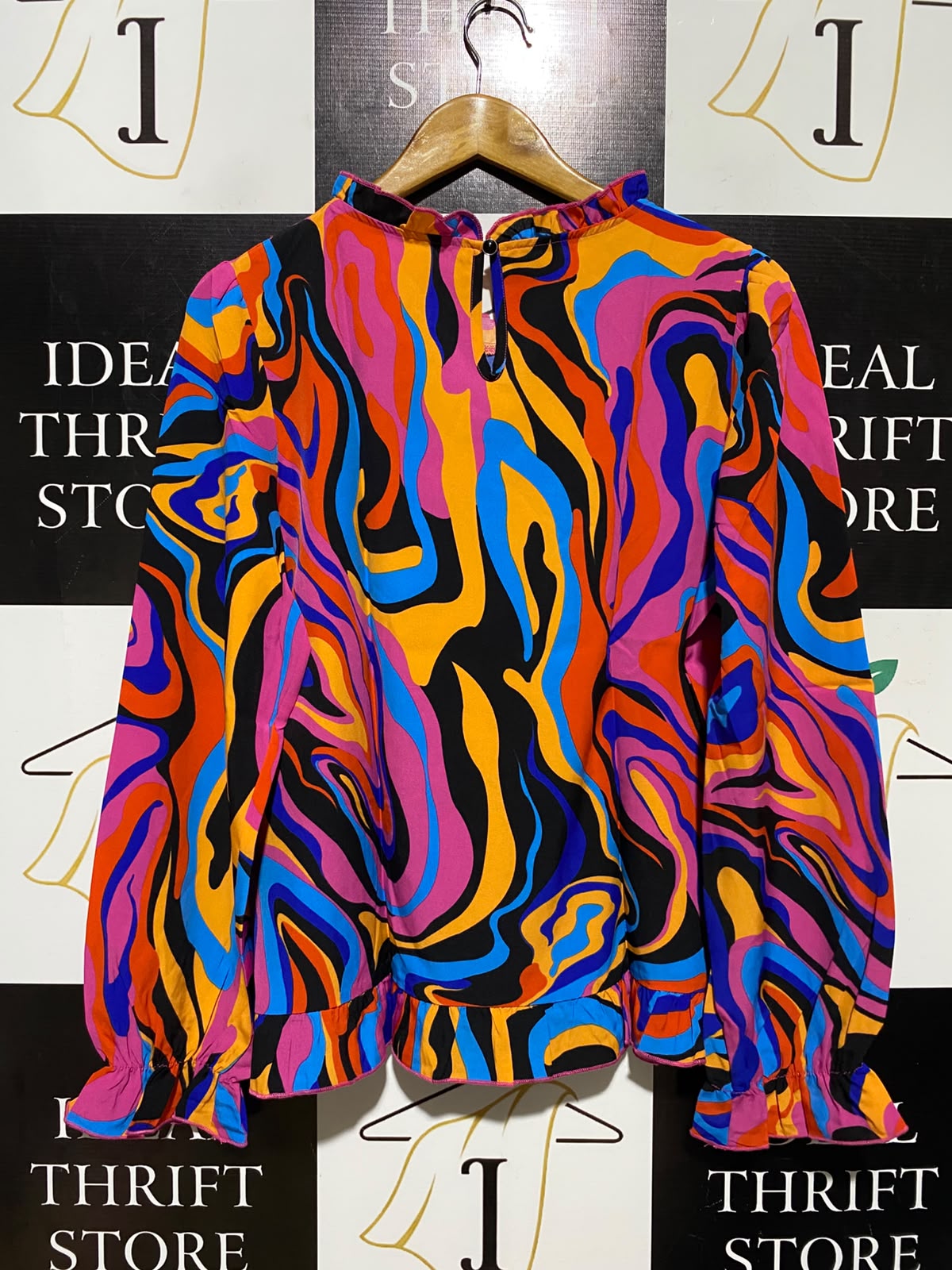 SHEIN |L| BUST 21| A1| RETRO PSYCHEDELIC SWIRL BLOUSE RUFFLED HIGH NECK LONG SLEEVE TOP