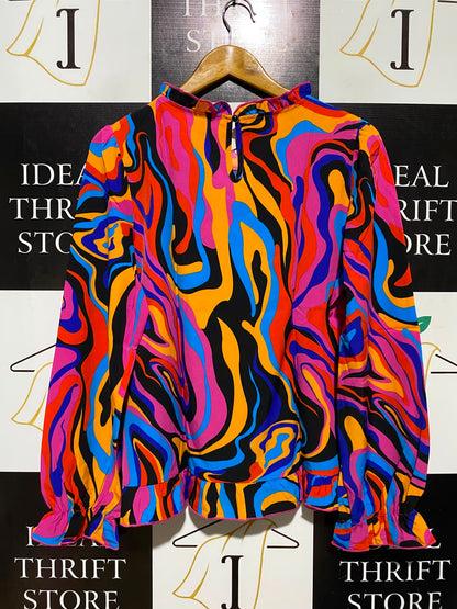 SHEIN |L| BUST 21| A1| RETRO PSYCHEDELIC SWIRL BLOUSE RUFFLED HIGH NECK LONG SLEEVE TOP