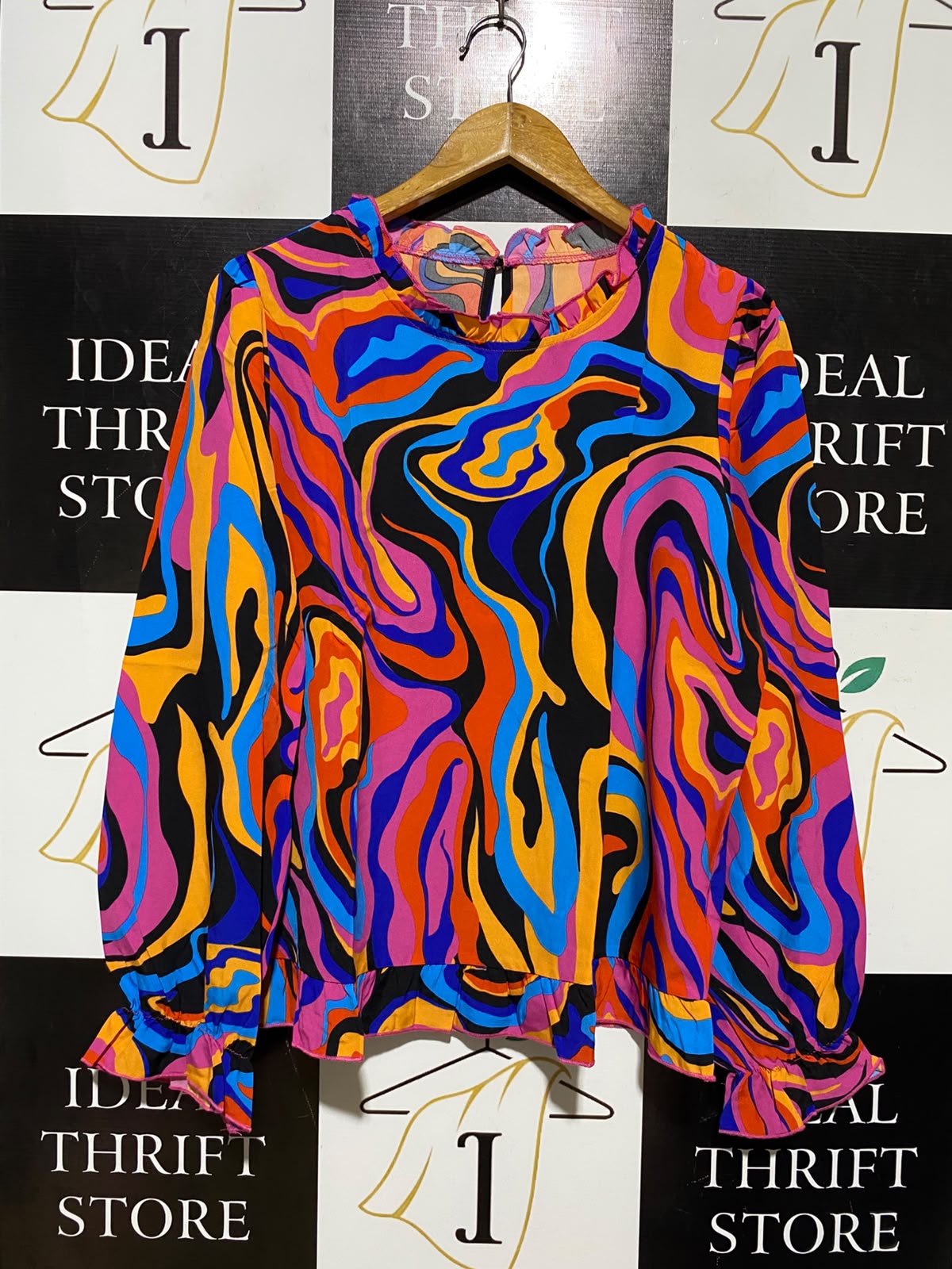 SHEIN |L| BUST 21| A1| RETRO PSYCHEDELIC SWIRL BLOUSE RUFFLED HIGH NECK LONG SLEEVE TOP