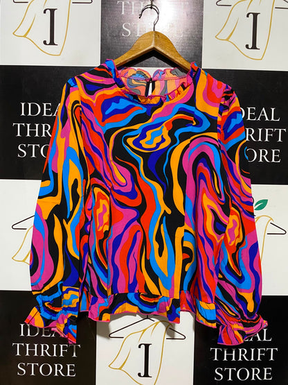 SHEIN |L| BUST 21| A1| RETRO PSYCHEDELIC SWIRL BLOUSE RUFFLED HIGH NECK LONG SLEEVE TOP
