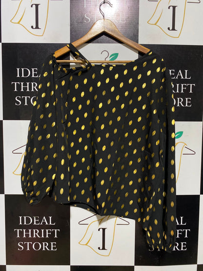 |L| BUST 22| A1| BLACK AND GOLD METALLIC FOIL DOT ASYMMETRICAL ONE-SHOULDER LONG SLEEVE BLOUSE WITH CHAIN LINK STRAP