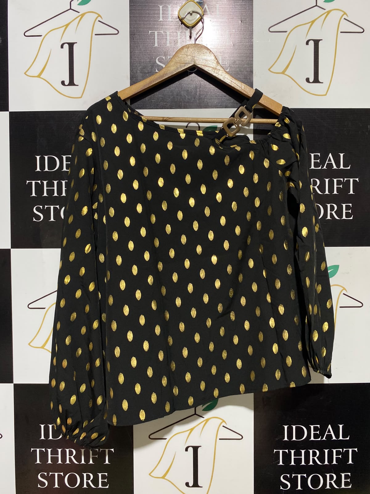 |L| BUST 22| A1| BLACK AND GOLD METALLIC FOIL DOT ASYMMETRICAL ONE-SHOULDER LONG SLEEVE BLOUSE WITH CHAIN LINK STRAP