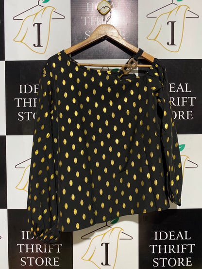 |L| BUST 22| A1| BLACK AND GOLD METALLIC FOIL DOT ASYMMETRICAL ONE-SHOULDER LONG SLEEVE BLOUSE WITH CHAIN LINK STRAP