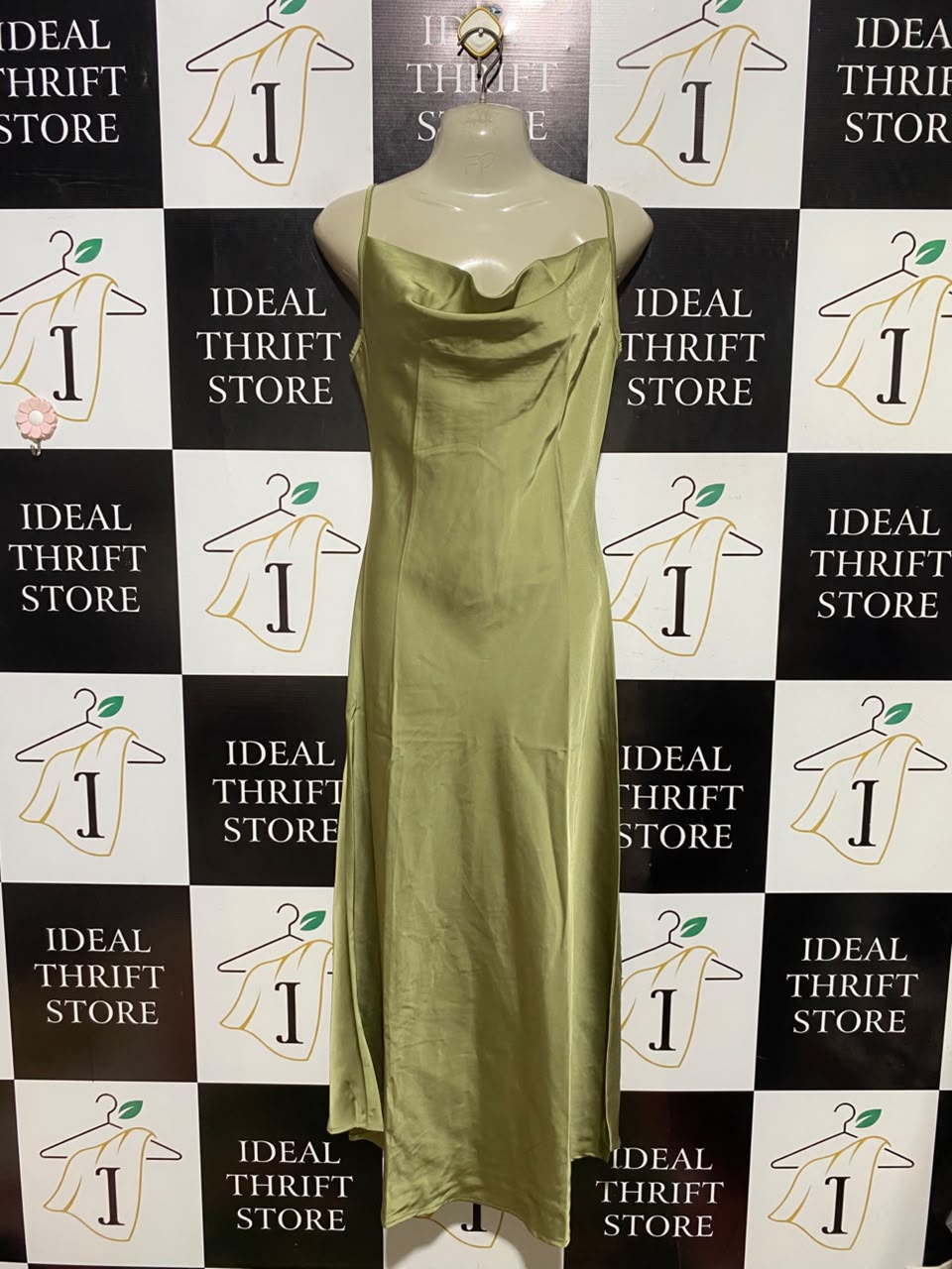 SHEIN |XS| BUST 17| A1| ELEGANT OLIVE GREEN SATIN COWL NECK SLIP MIDI DRESS WITH SPAGHETTI STRAPS