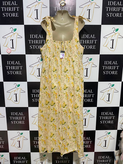 PRIMARK |L| BUST 20| A1| YELLOW FLORAL PRINT V-NECK MAXI DRESS WITH TIE-SHOULDER STRAPS