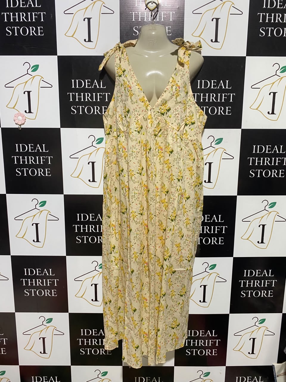 PRIMARK |L| BUST 20| A1| YELLOW FLORAL PRINT V-NECK MAXI DRESS WITH TIE-SHOULDER STRAPS
