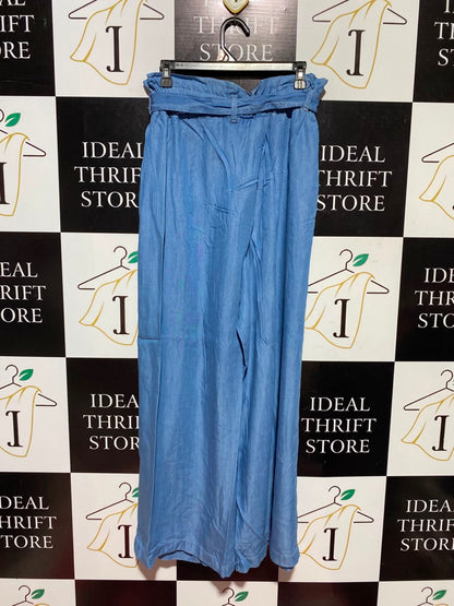 NEWAYS |L| WAIST 29| A1| LIGHT BLUE DENIM-LOOK PAPERBAG WAIST WIDE LEG PANTS WITH BELT