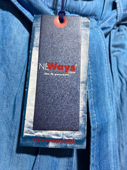 NEWAYS |L| WAIST 29| A1| LIGHT BLUE DENIM-LOOK PAPERBAG WAIST WIDE LEG PANTS WITH BELT