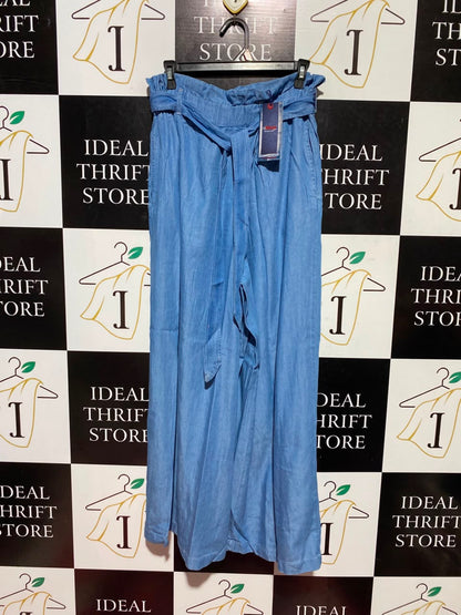 NEWAYS |L| WAIST 29| A1| LIGHT BLUE DENIM-LOOK PAPERBAG WAIST WIDE LEG PANTS WITH BELT