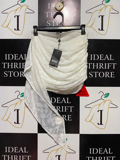 EGO |S| WAIST 26| A1| WHITE LACE RUCHED ASYMMETRICAL MINI SKIRT WITH DRAMATIC DRAPED SASH