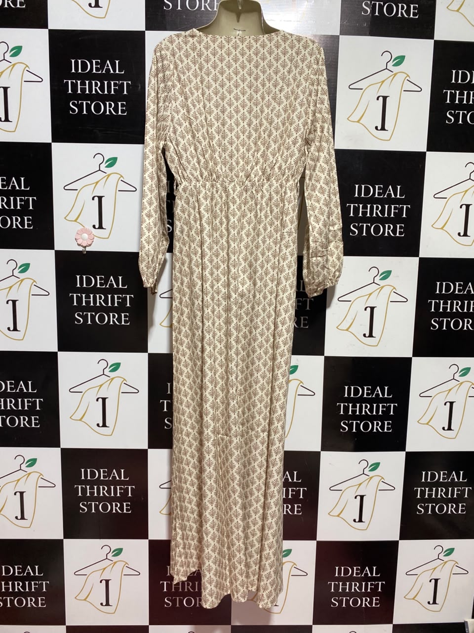 SHEIN |L| BUST 20| A1| CREAM AND RUST BROWN GEOMETRIC TREE PRINT SURPLICE V-NECK MAXI DRESS WITH LONG SLEEVES