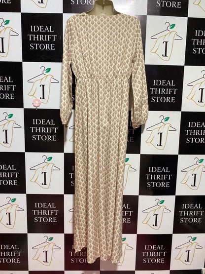 SHEIN |L| BUST 20| A1| CREAM AND RUST BROWN GEOMETRIC TREE PRINT SURPLICE V-NECK MAXI DRESS WITH LONG SLEEVES