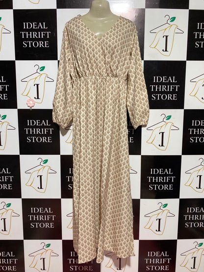 SHEIN |L| BUST 20| A1| CREAM AND RUST BROWN GEOMETRIC TREE PRINT SURPLICE V-NECK MAXI DRESS WITH LONG SLEEVES