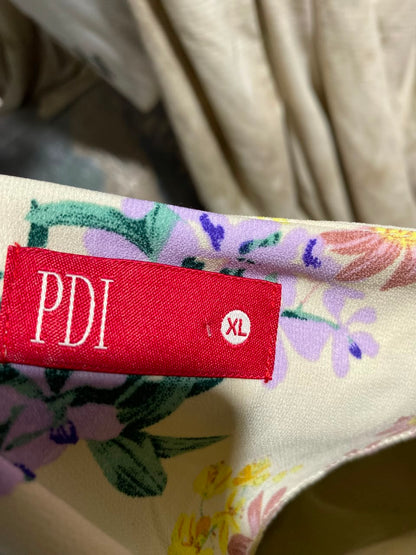 PDI |XL| BUST 22| A1| CREAM MULTICOLOR PASTEL FLORAL PRINT LONG SLEEVE MIDI DRESS WITH TIE-WAIST