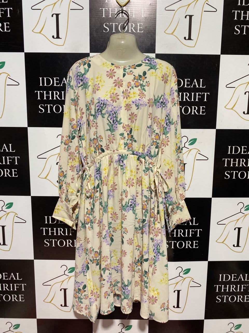 PDI |XL| BUST 22| A1| CREAM MULTICOLOR PASTEL FLORAL PRINT LONG SLEEVE MIDI DRESS WITH TIE-WAIST