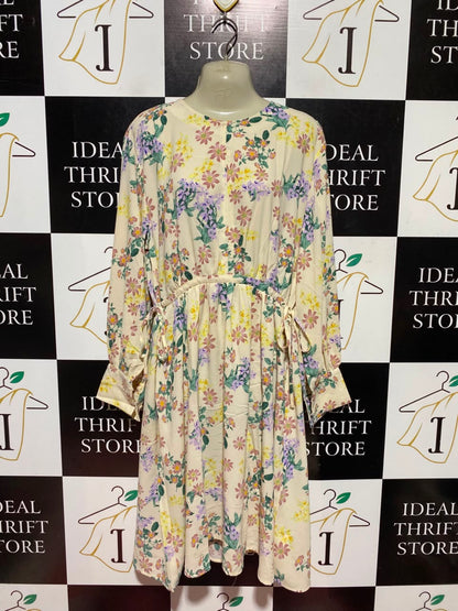PDI |XL| BUST 22| A1| CREAM MULTICOLOR PASTEL FLORAL PRINT LONG SLEEVE MIDI DRESS WITH TIE-WAIST