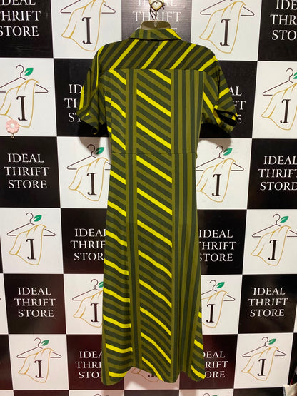 NEXT |M| BUST FREE| A1| RETRO OLIVE GREEN AND YELLOW MULTI-DIRECTIONAL STRIPE MIDI DRESS WITH NOTCHED COLLAR