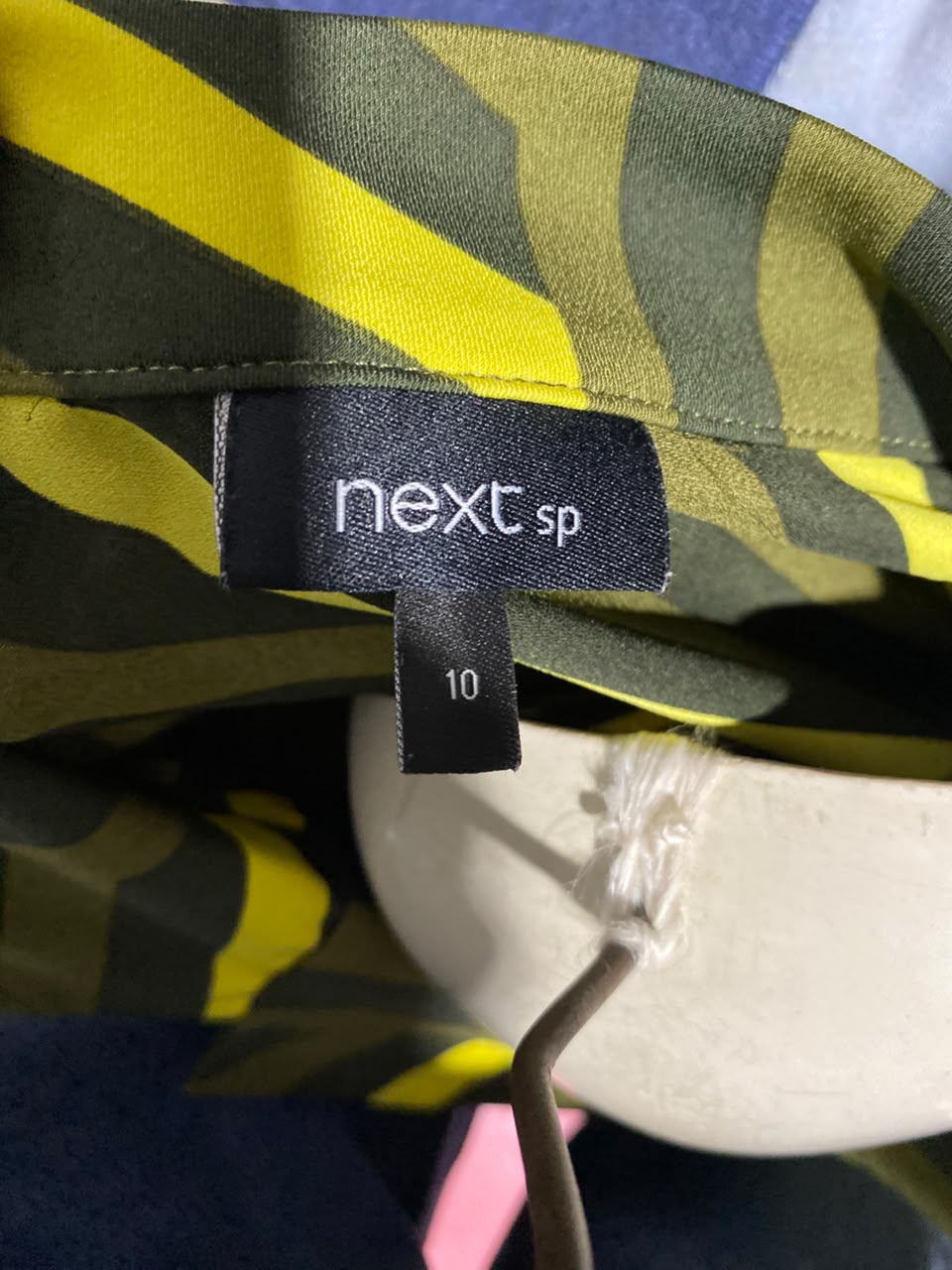 NEXT |M| BUST FREE| A1| RETRO OLIVE GREEN AND YELLOW MULTI-DIRECTIONAL STRIPE MIDI DRESS WITH NOTCHED COLLAR