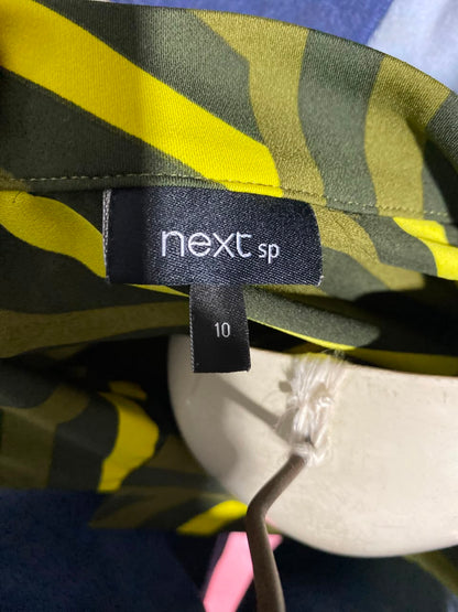 NEXT |M| BUST FREE| A1| RETRO OLIVE GREEN AND YELLOW MULTI-DIRECTIONAL STRIPE MIDI DRESS WITH NOTCHED COLLAR