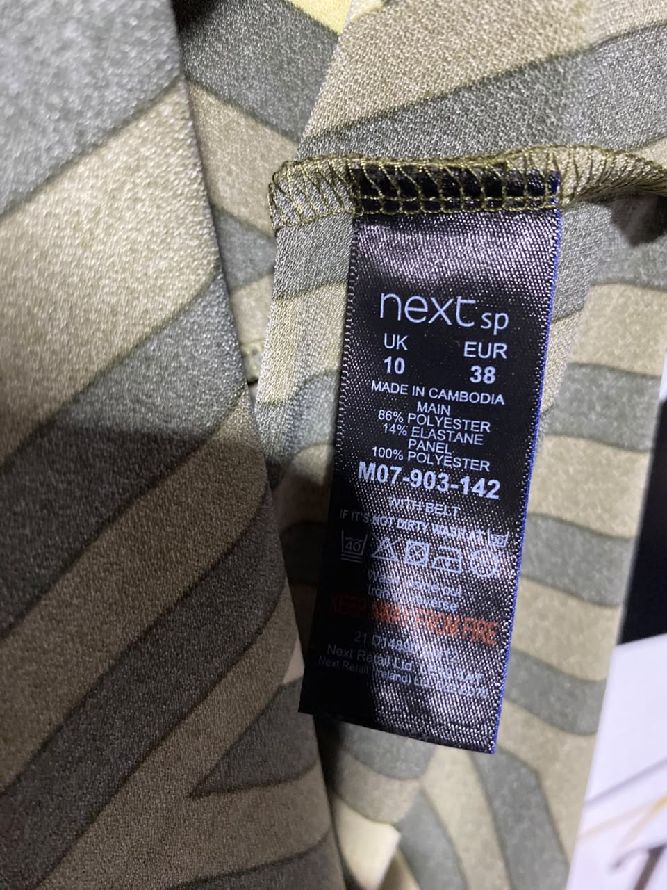 NEXT |M| BUST FREE| A1| RETRO OLIVE GREEN AND YELLOW MULTI-DIRECTIONAL STRIPE MIDI DRESS WITH NOTCHED COLLAR