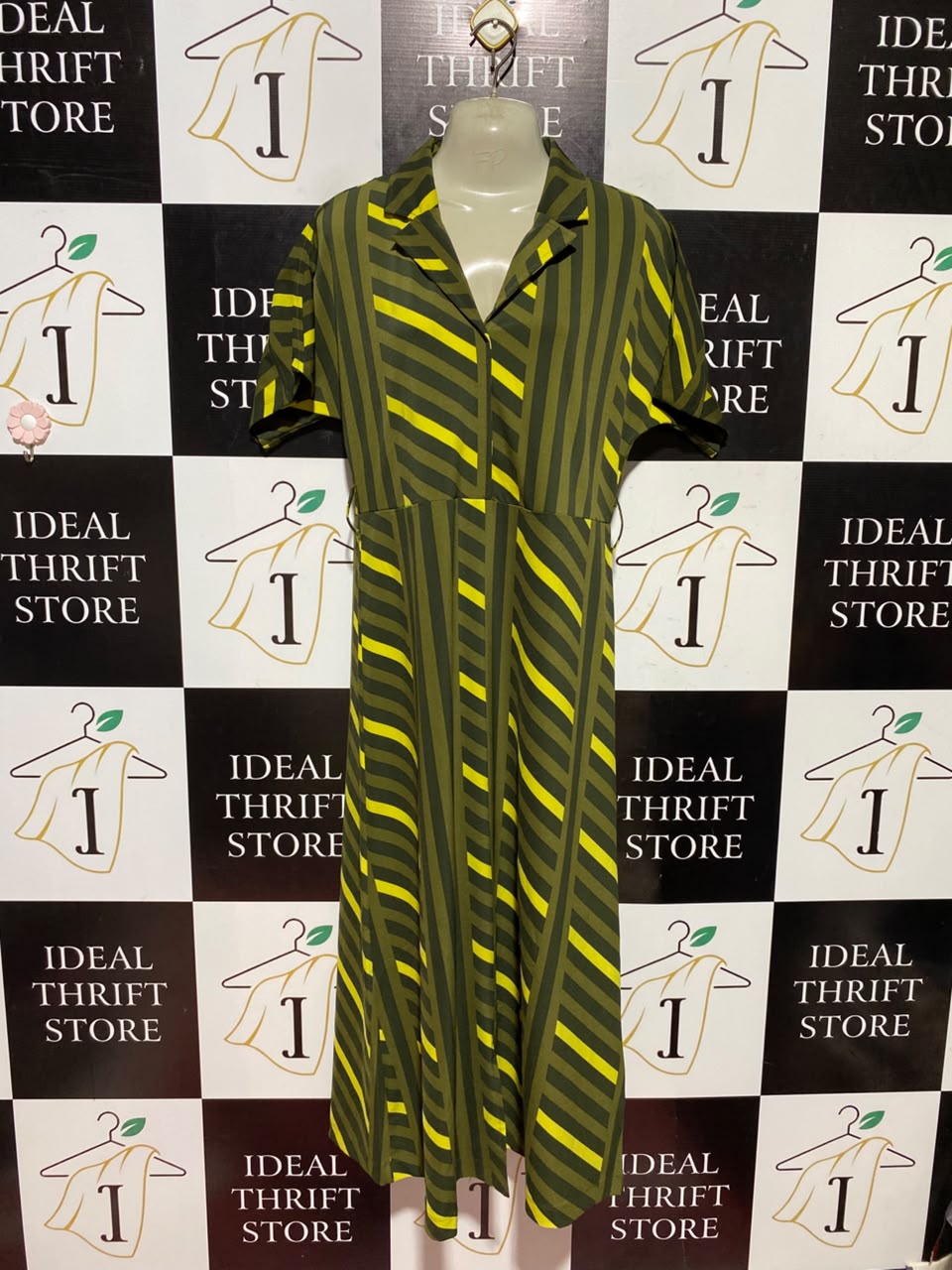 NEXT |M| BUST FREE| A1| RETRO OLIVE GREEN AND YELLOW MULTI-DIRECTIONAL STRIPE MIDI DRESS WITH NOTCHED COLLAR