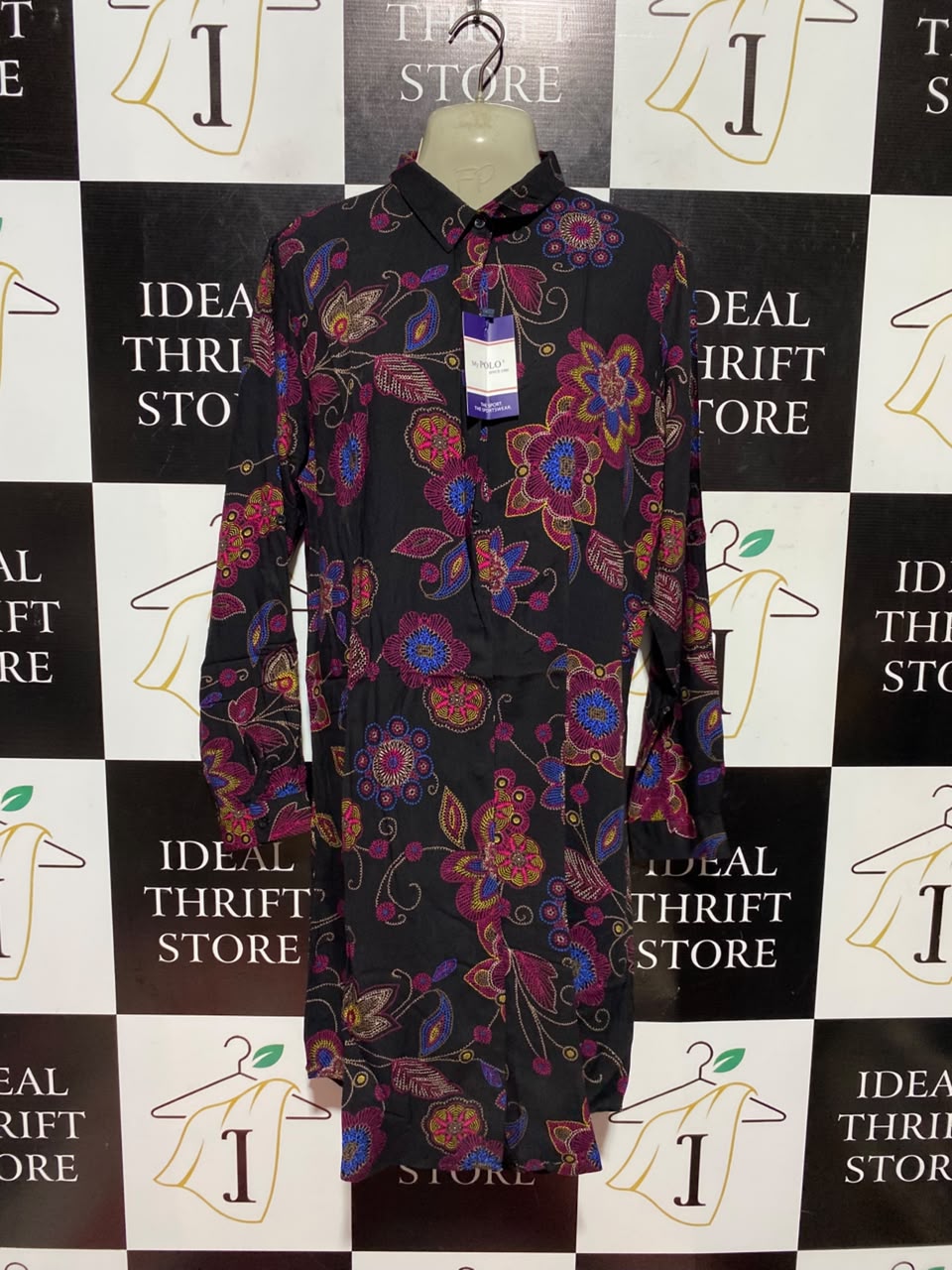 MY POLO X |L| BUST 19| A1| BLACK MULTICOLOR FLORAL BUTTON-DOWN SHIRT DRESS,