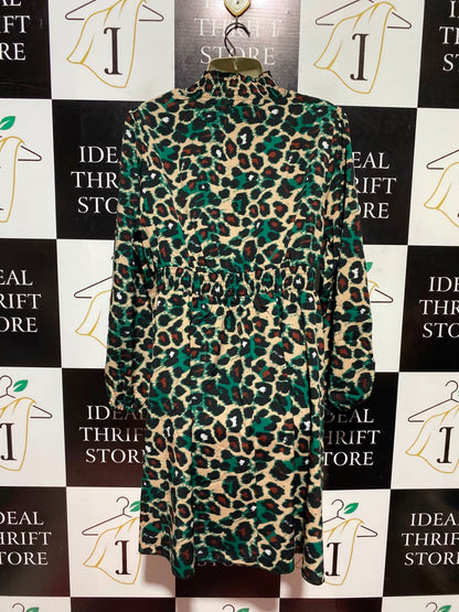 SHEIN CURVE |XL| BUST 19| A1| VIBRANT EMERALD GREEN AND TAN LEOPARD PRINT SMOCKED MOCK NECK MIDI DRESS