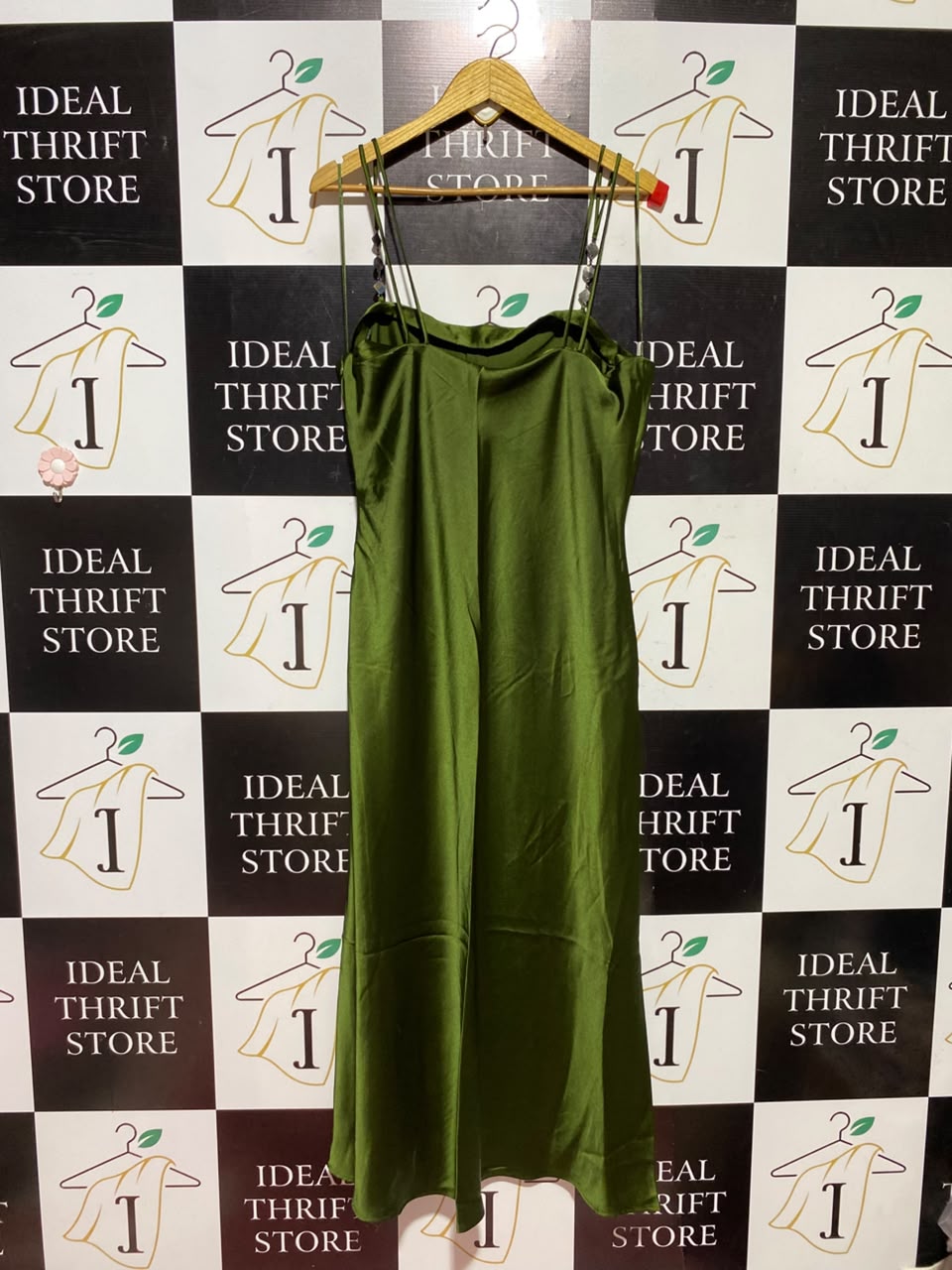 ZARA |XL| BUST 20| A1| LUXURIOUS OLIVE GREEN SATIN SLIP MIDI DRESS WITH EMBELLISHED STRAPS AND SIDE RUCHING