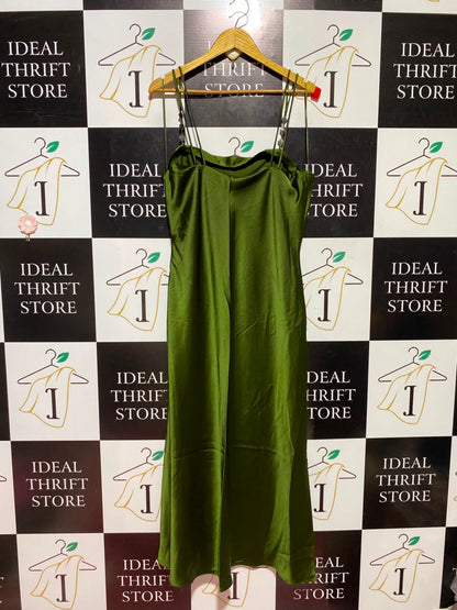 ZARA |XL| BUST 20| A1| LUXURIOUS OLIVE GREEN SATIN SLIP MIDI DRESS WITH EMBELLISHED STRAPS AND SIDE RUCHING