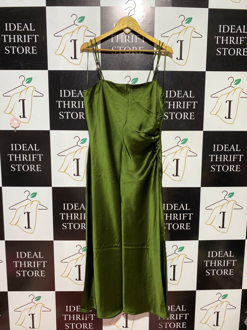 ZARA |XL| BUST 20| A1| LUXURIOUS OLIVE GREEN SATIN SLIP MIDI DRESS WITH EMBELLISHED STRAPS AND SIDE RUCHING