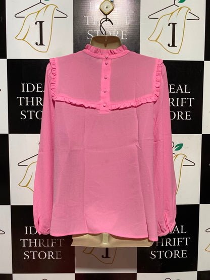 M&S |M| BUST 19| A1| CHIC BUBBLEGUM PINK SMOCKED BIB BLOUSE WITH RUFFLE TRIM AND LONG SLEEVES