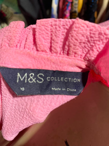 M&S |M| BUST 19| A1| CHIC BUBBLEGUM PINK SMOCKED BIB BLOUSE WITH RUFFLE TRIM AND LONG SLEEVES
