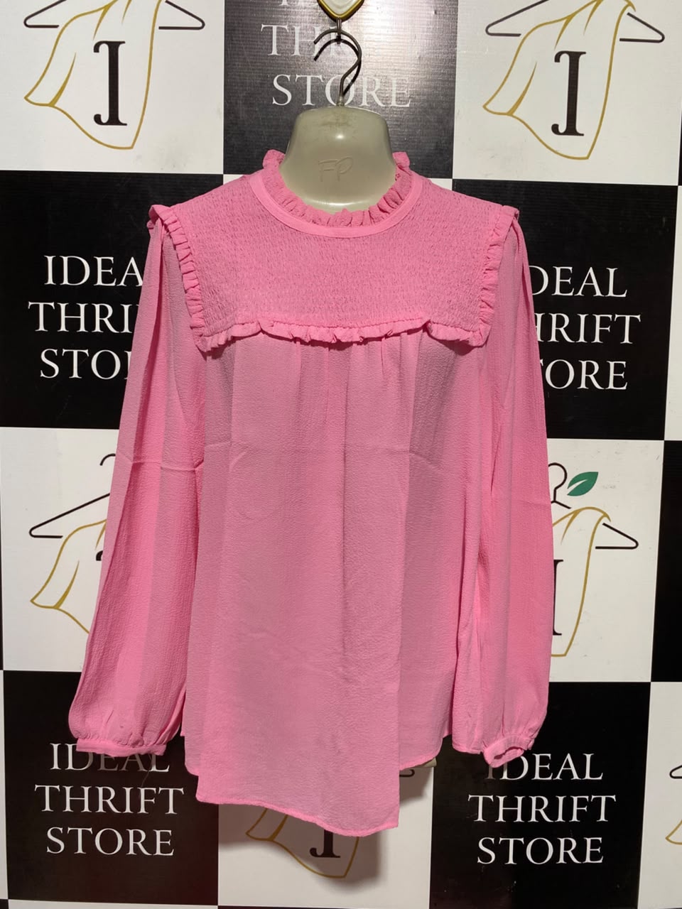 M&S |M| BUST 19| A1| CHIC BUBBLEGUM PINK SMOCKED BIB BLOUSE WITH RUFFLE TRIM AND LONG SLEEVES