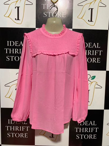 M&S |M| BUST 19| A1| CHIC BUBBLEGUM PINK SMOCKED BIB BLOUSE WITH RUFFLE TRIM AND LONG SLEEVES
