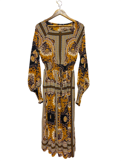 BOOHOO |M| BUST 17| A2| MUSTARD AND BLACK PAISLEY BORDER PRINT LONG SLEEVE MAXI DRESS