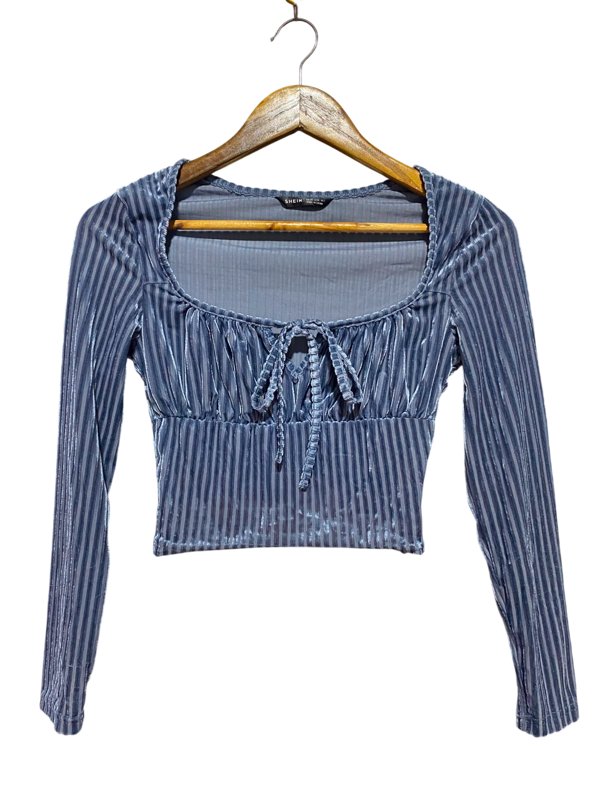 SHEIN |XS| BUST 15| A2| SLATE BLUE RIBBED VELVET RUCHED BUST LONG SLEEVE CROP TOP